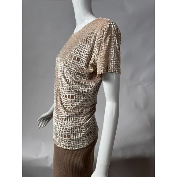 Barami Womens M Short-Sleeve Textured Top Beige Cream Woven Pattern Rayon/Polyes - Picture 10 of 15